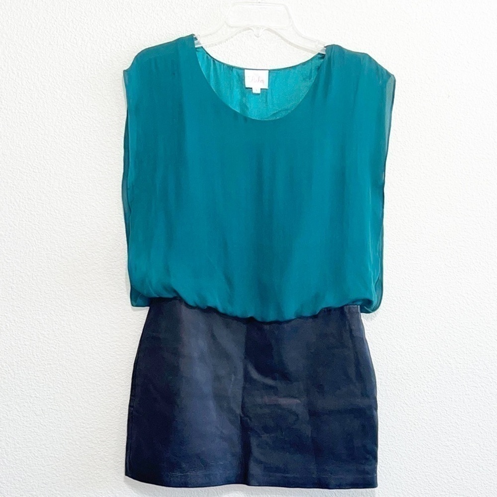 Parker Woman Green Silk & Black Leather Combo Mini Dress Size S